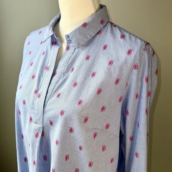 Kenar Cotton Popover Blouse Bell Sleeves Blue White Stripes Lightweight Large - Picture 4 of 10